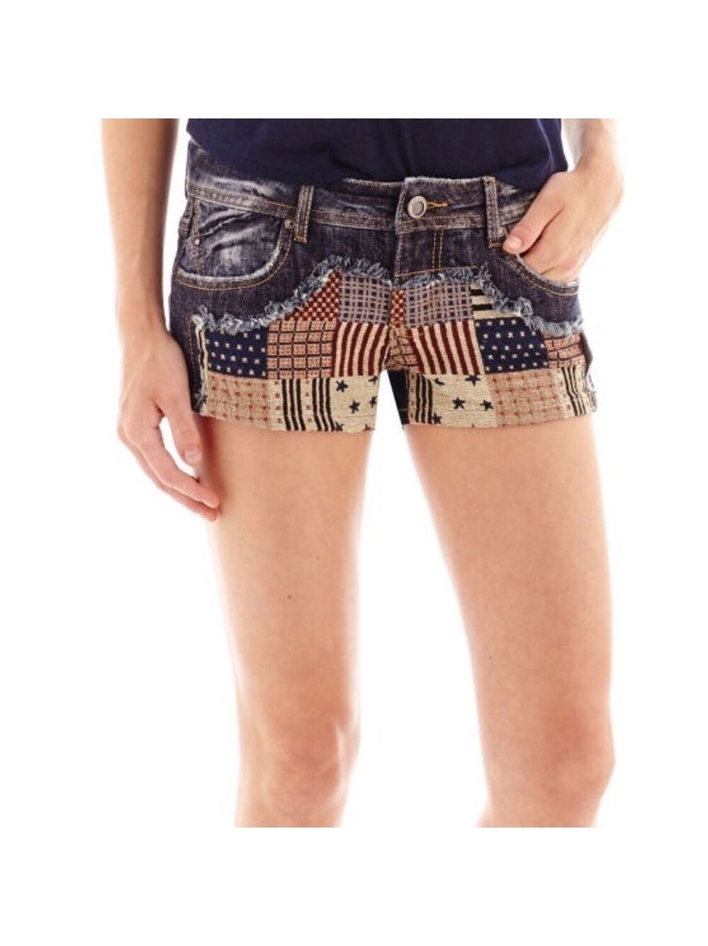Hot Kiss Rustic American Patriotic US Flag Patchwork Jean Shorts Jr Size 9